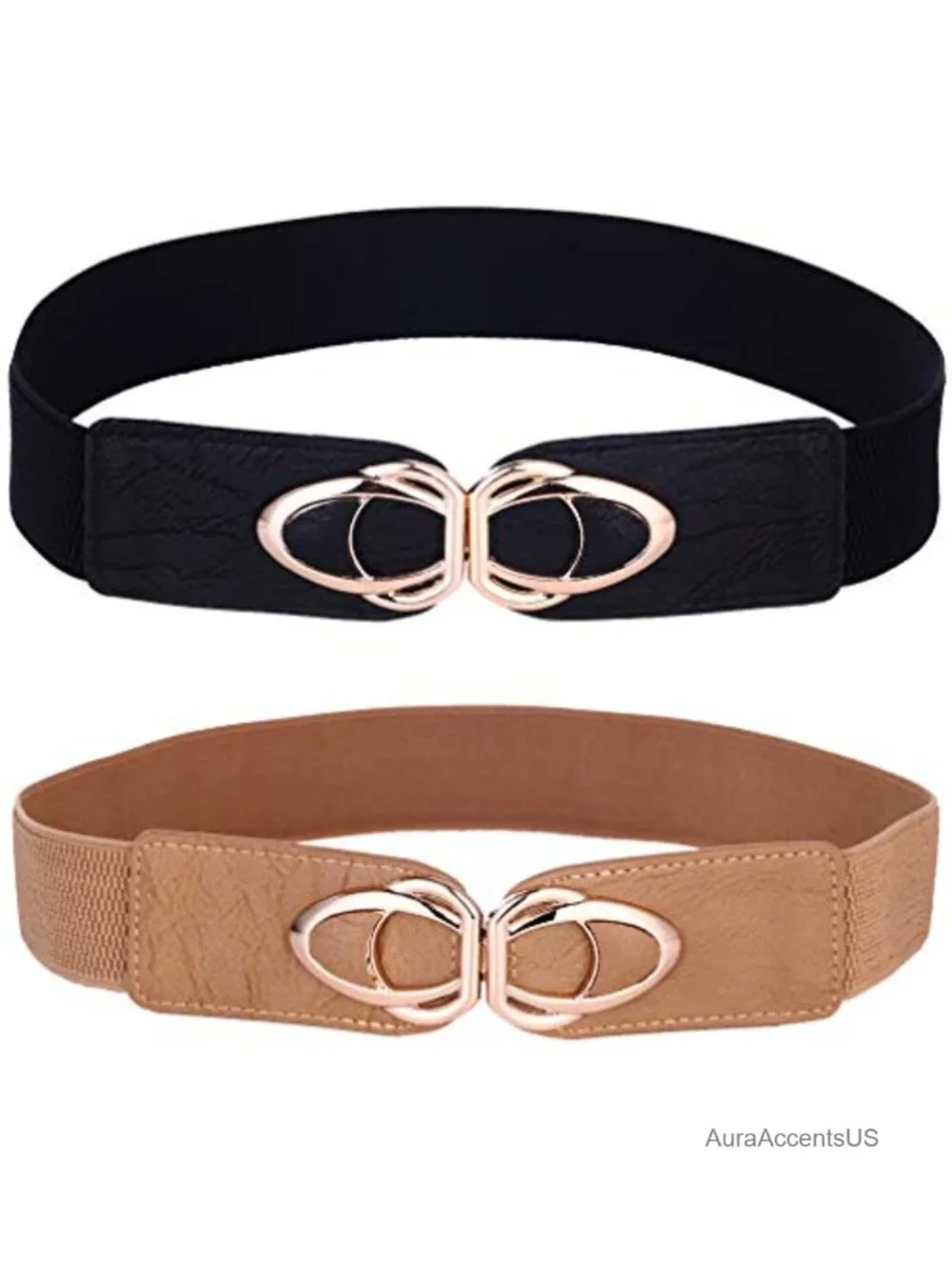 Elastic Stretch Cinch Belt - Faux Leather Buckle, Gold Accent